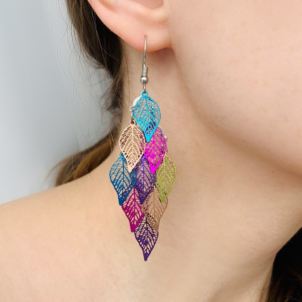 Multi Color Leaf Earrings - Picture 4 of 4